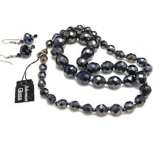 Bohemian Glass Czech Fire Polished Beaded Necklace Set 23” w Earrings